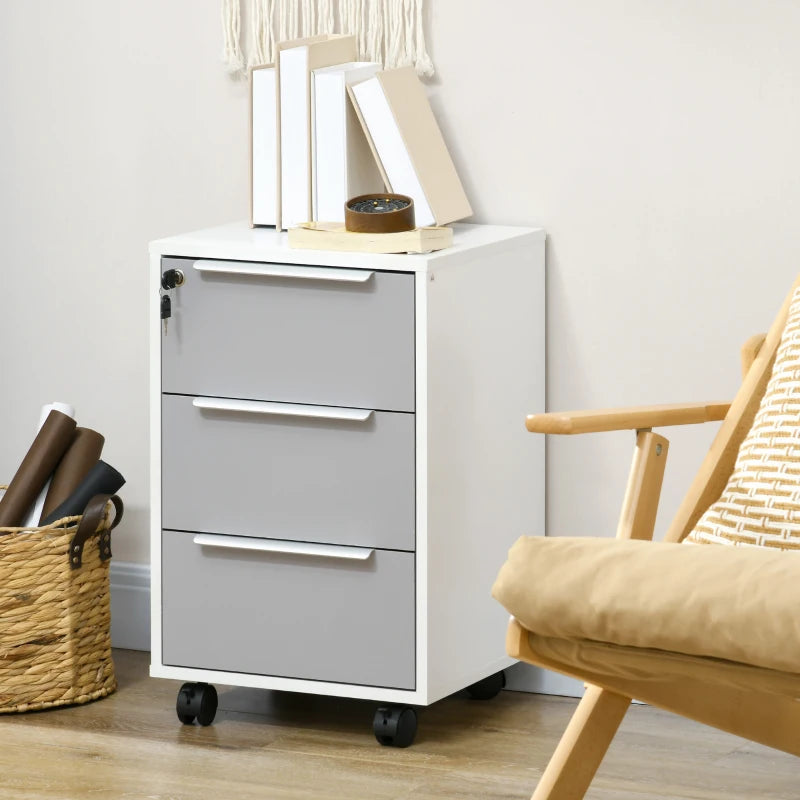 Secure Three-Drawer Locking Filing Cabinet in Stylish Grey and White - Perfect for Home or Office Organization