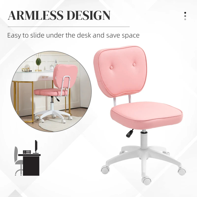 Vinsetto Pink PU Leather Vanity Office Chair - Adjustable Height, Armless, Swivel Wheels, Stylish Computer Chair for Home