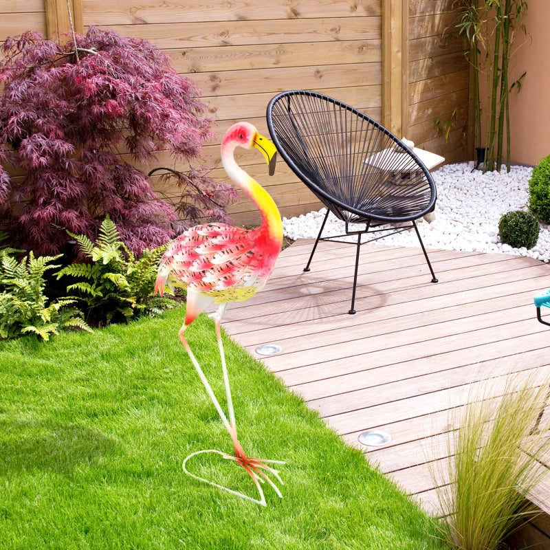 Pink Flamingo Garden Statue - Metal Bird Art Outdoor Sculpture with Ground Stakes for Decoration