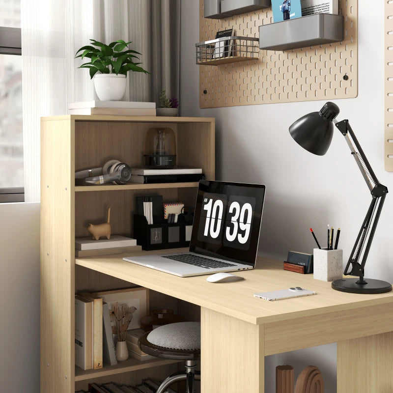 120cm Wooden Computer Desk with 6-Tier Bookshelves - Home Office Laptop Table, Study Writing Workstation in Natural Wood