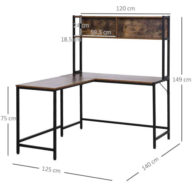 Industrial L-Shaped Desk with Bookshelf - Corner Computer Writing Table, Steel Frame, 140x125cm, Brown for Home Office & Study