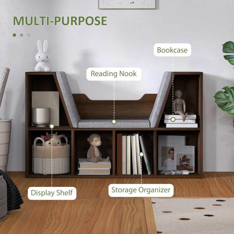 Chestnut Bookcase Storage Shelf with Cushioned Reading Seat - Cube Bookshelf Organizer for Bedroom & Living Room