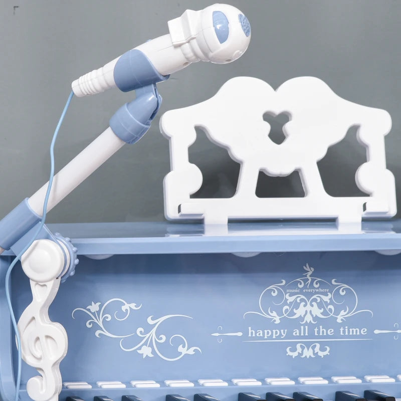 Kids Mini Electronic Piano Keyboard Set - Educational Musical Instrument with Stool, Microphone & Music Stand - Blue Grand Piano Toy