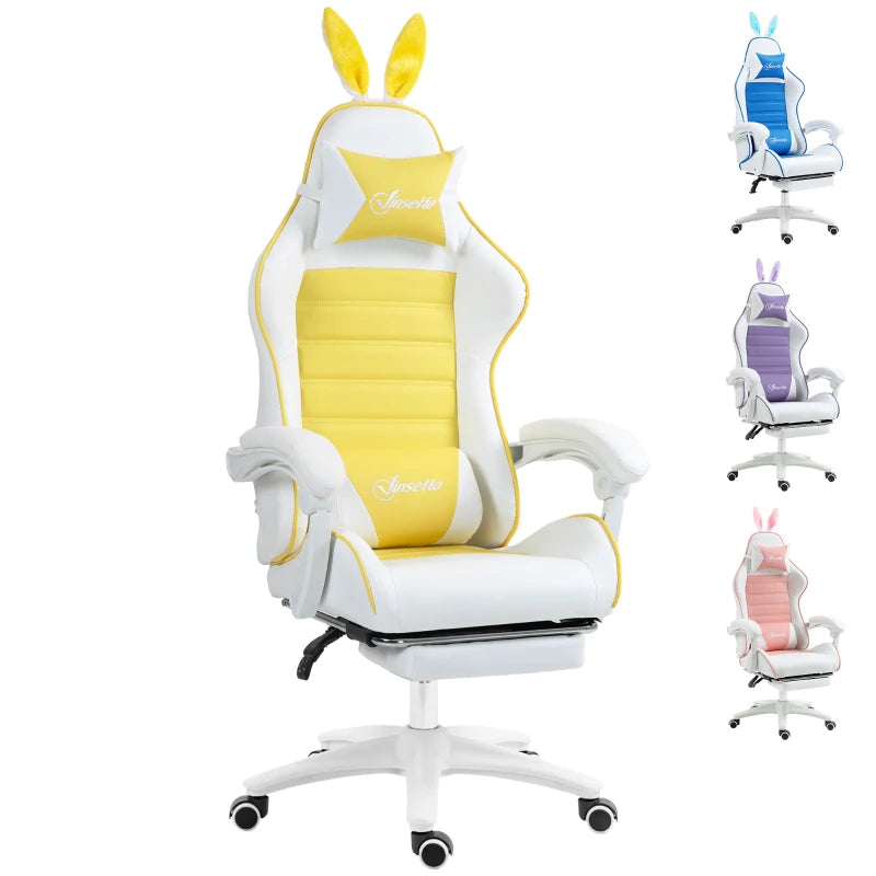 Vinsetto Yellow Reclining Racing Gaming Chair with Headrest, Lumbar Support, Footrest & Removable Rabbit Ears - PU Leather