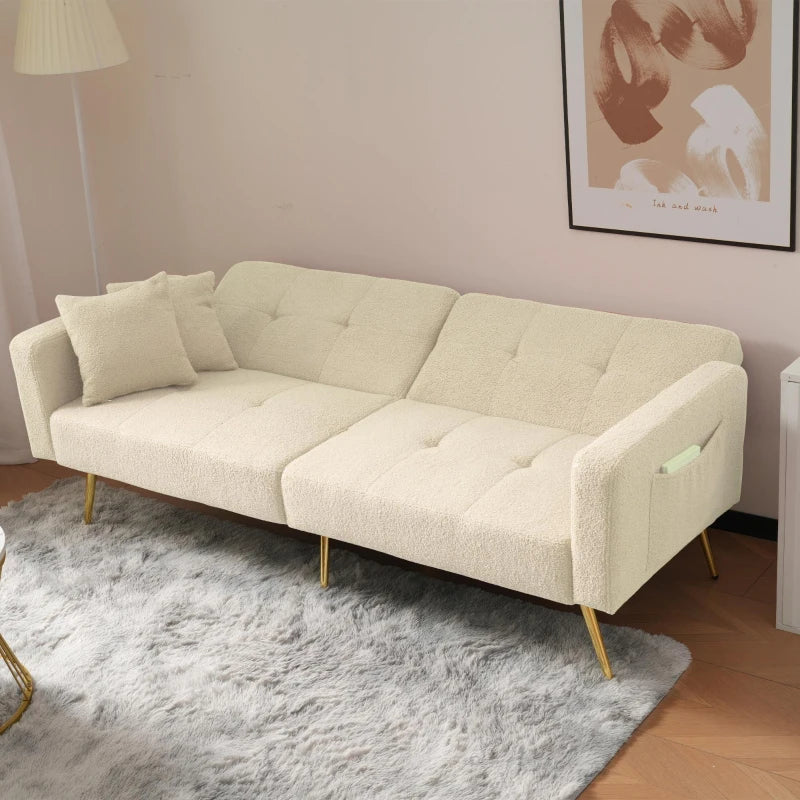 Elegant Beige Convertible Sofa Bed with Adjustable Backrest and Side Pockets, Perfect Loveseat for Bedroom, 176L x 64W x 75H cm