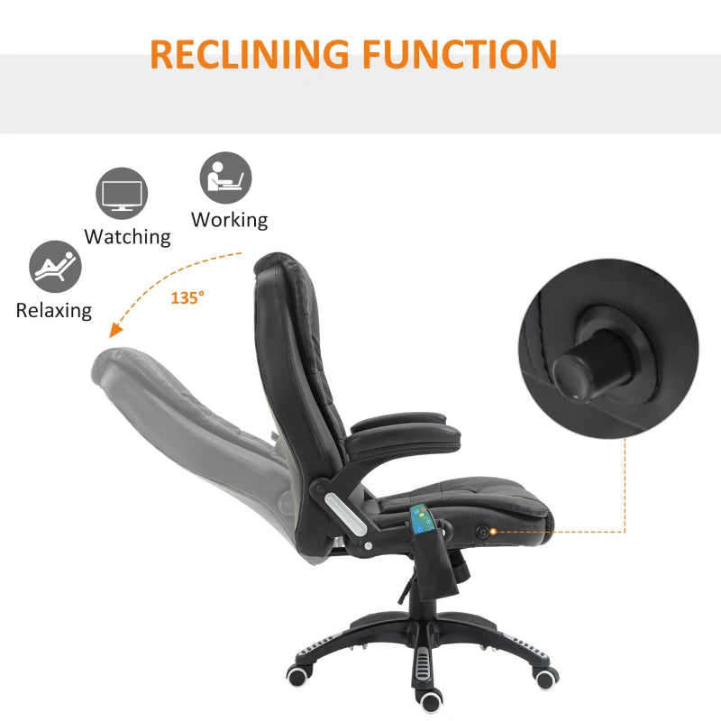 6-Point Heated Massage Office Chair - PU Leather High Back Executive Desk Chair with Adjustable Height & 360° Swivel - Black