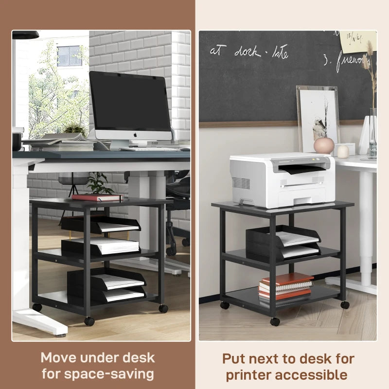 Three-Tier Black Steel Printer Stand on Wheels - Mobile Storage Solution for Home Office & Workspace