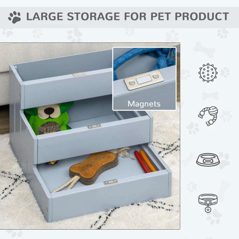 3-Step Wooden Dog Steps & Cat Ladder - Pet Stairs for Bed & Couch with Storage - Grey Color
