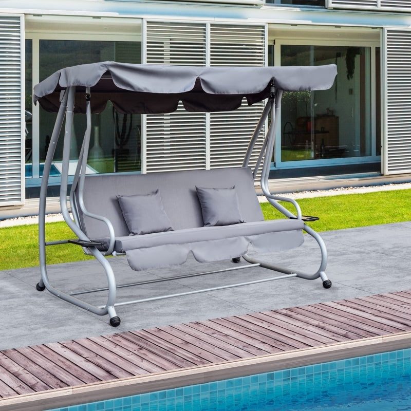 Grey 3 Seater Convertible Garden Swing Bed with Canopy and Cushions