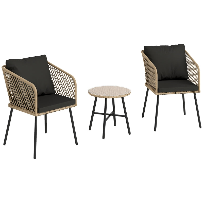 3 Piece Rattan Bistro Set with 2 Chairs, Glass Table, Cushions, Adjustable Feet, Wood Finish