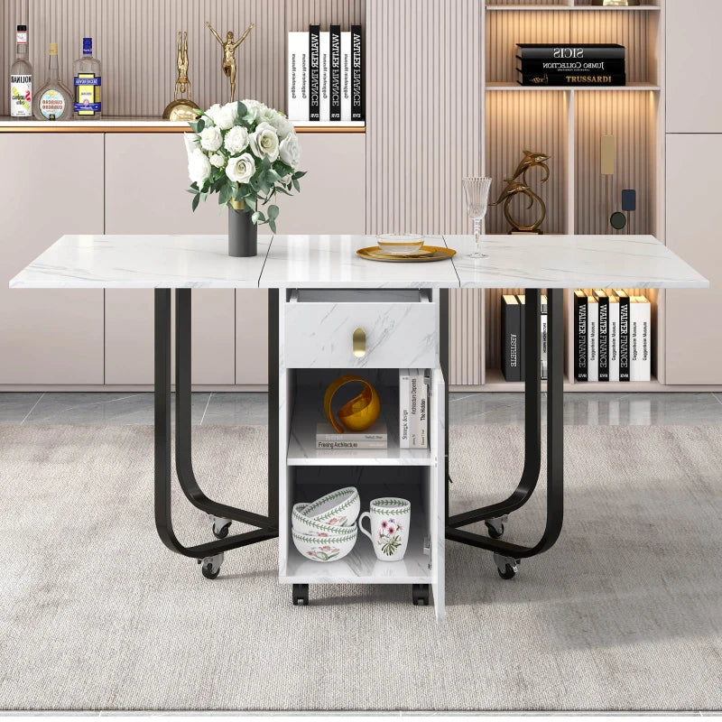 Folding Dining Table with Gold-Plated Handles - 3 Versatile Modes for Learning & Dining - Metal Frame - White/Black