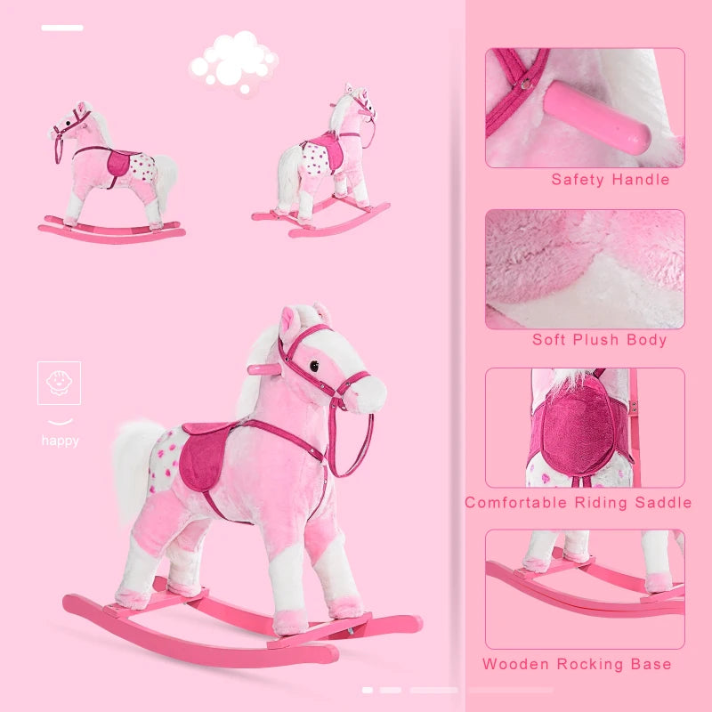 Pink Baby Rocking Horse Plush Ride-On Toy with Sound and Handle Grip for Kids Ages 3-6 - Perfect Gift!