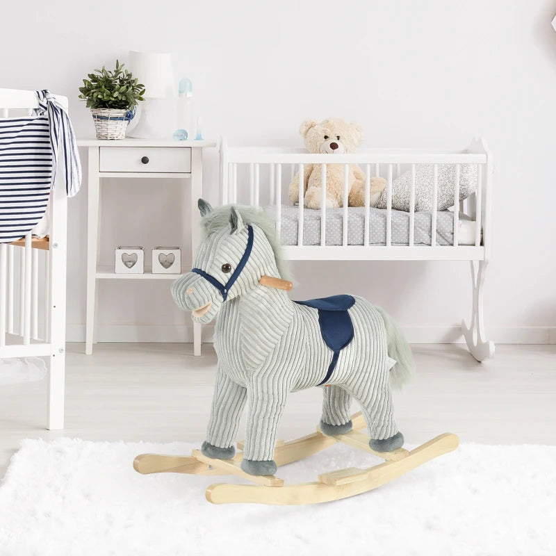Kids Plush Rocking Horse with Sound - Soft Ride-On Toy for Children Ages 3-6 - Grey Rocker Gift