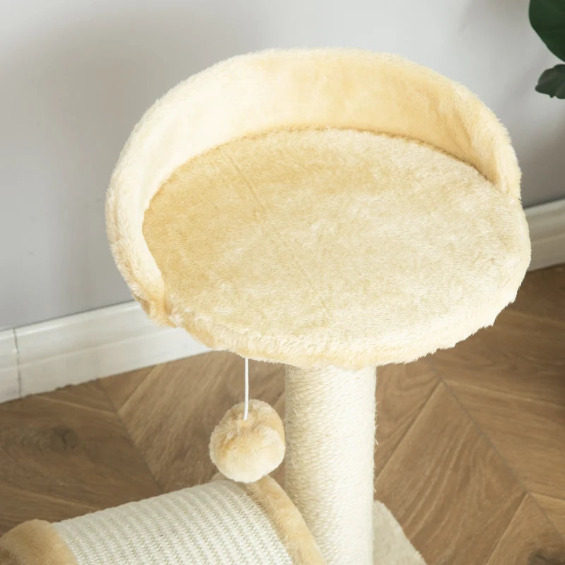Beige Cat Tree Scratching Post - Kitten Activity Centre with Climber & Hanging Ball - Durable Cat Furniture