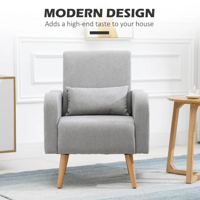Linen-Touch Accent Chair with Pillow - Upholstered Lounge Sofa for Living Room, Grey Club Chair with Wooden Frame