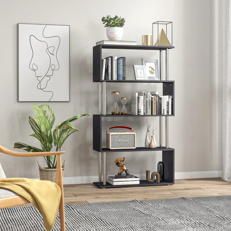 Modern S Shape Bookcase - 5 Tier Freestanding Bookshelf for Home Office, Study & Living Room - Black 80x30x145cm