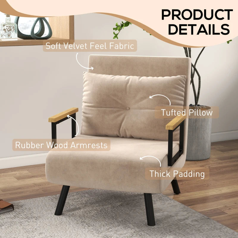 Velvet-Feel Single Chair Bed with Pillow in Beige – Versatile 4-in-1 Design for Comfort and Style
