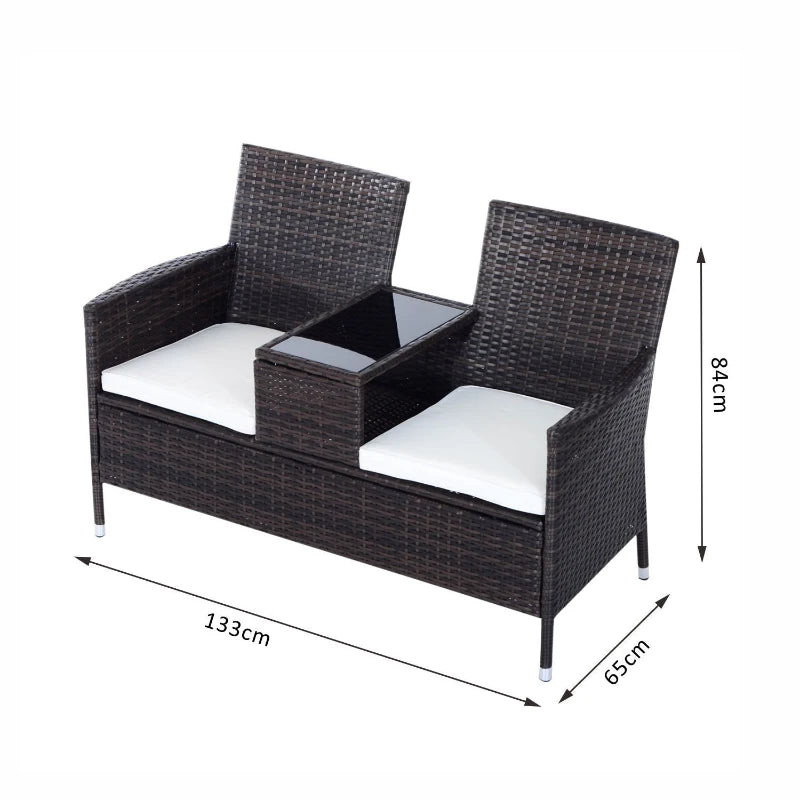 Brown Rattan 2-Seater Chair Set with Middle Tea Table