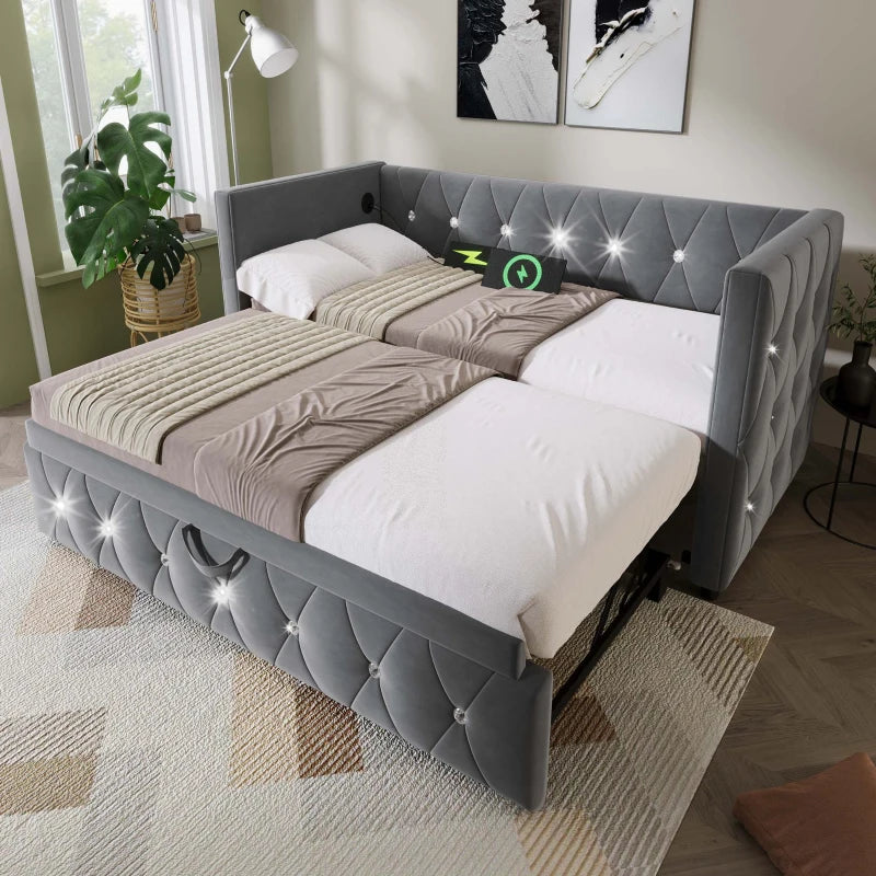 Elegant Velvet Upholstered Daybed with USB & Type C Ports, Pull-Out Trundle, Grey Sofa Bed for Bedroom, 203x101-194x76 cm