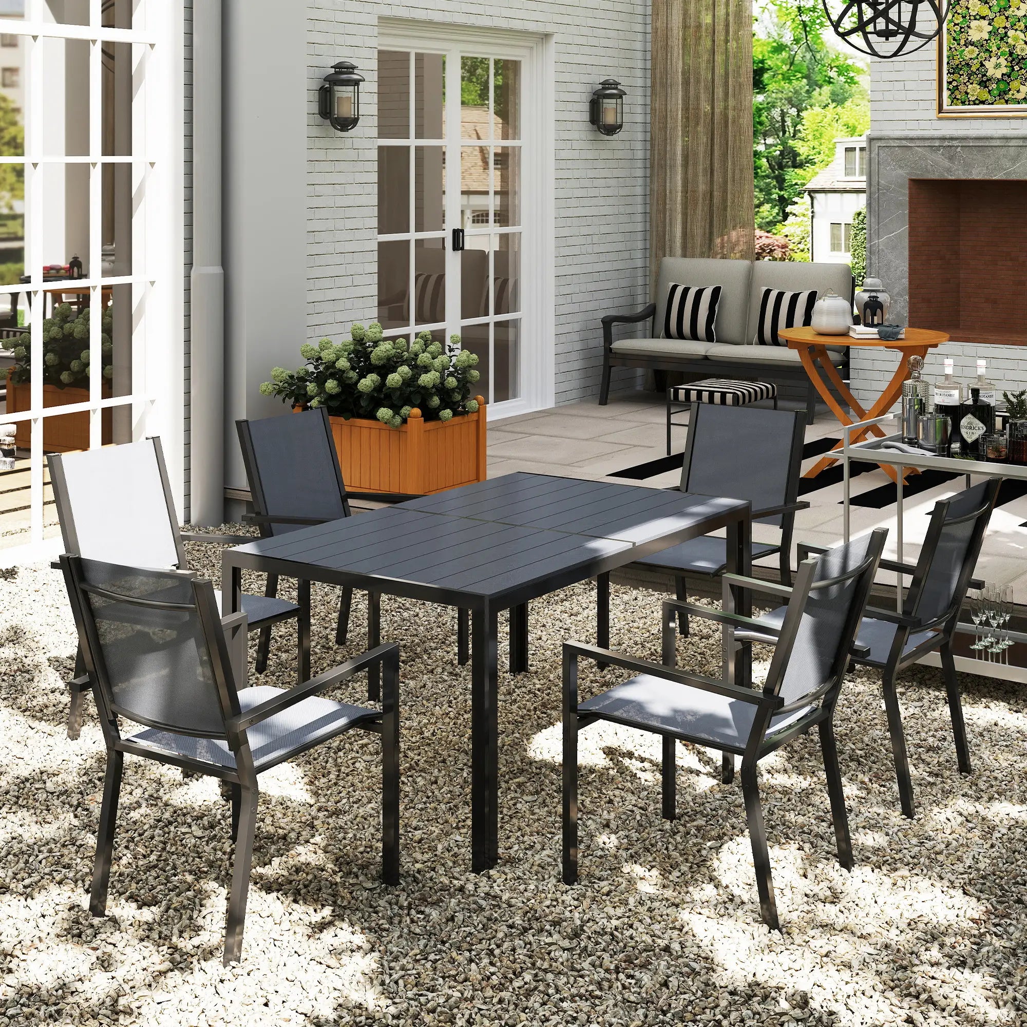 7 Piece Garden Dining Set With 6 Stackable Chairs and 150cm Rectangular Table + WPC Slatted Top