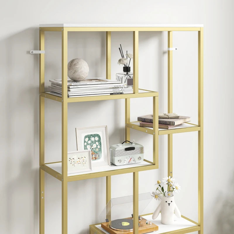 Unique Seven-Tier Geometric Bookcase in White and Gold Tone - Stylish Storage Solution for Modern Home Decor