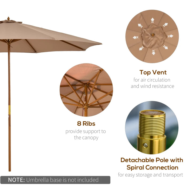 Khaki 3m Wooden Garden Umbrella with Bamboo Ribs