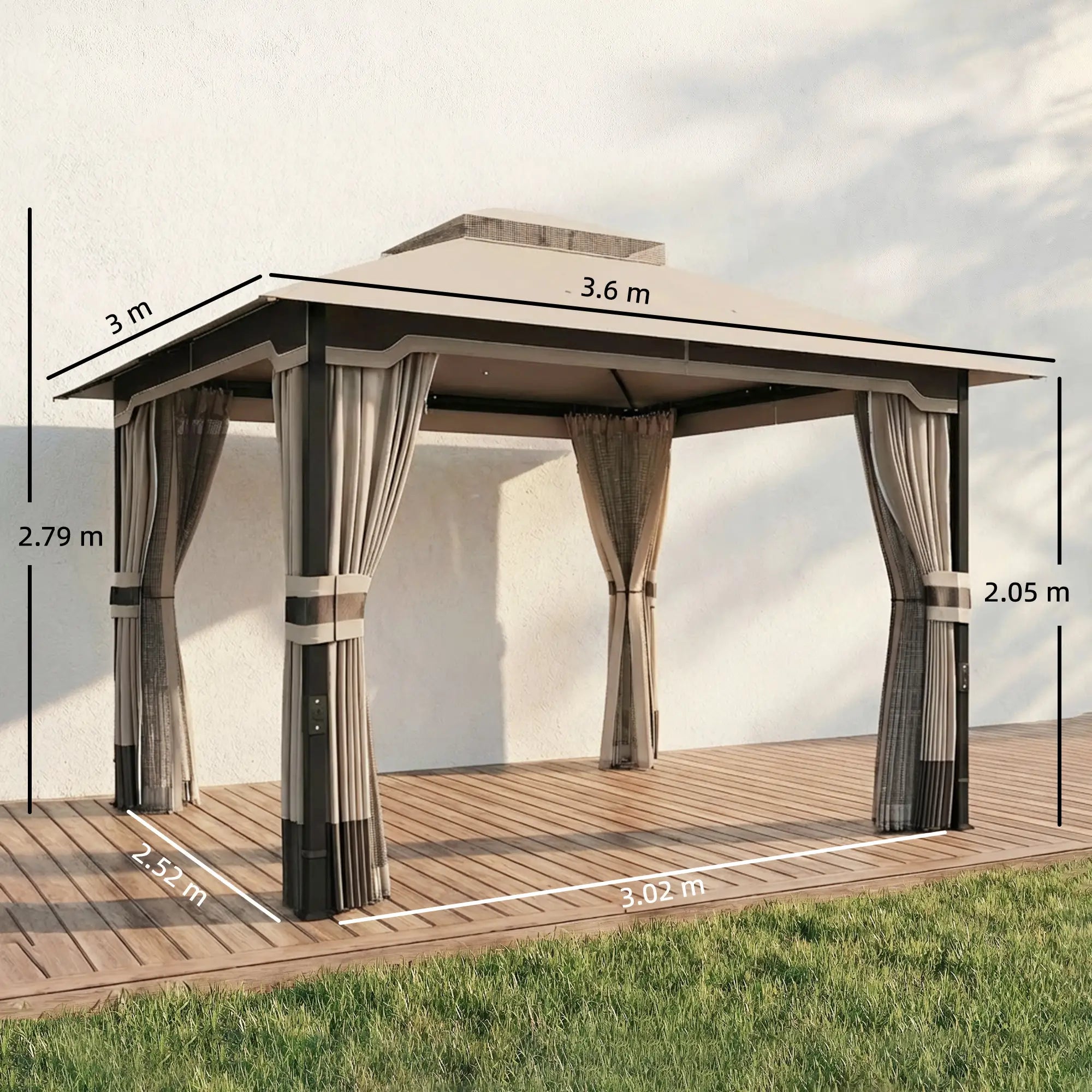 3 x 3.6m Ventilated Double Roof Garden Gazebo with Curtains & Mesh Netting, Heavy Duty Metal Frame Outdoor Patio Pavilion, Khaki