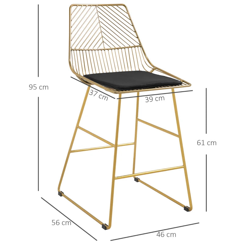 Set of 2 Modern Gold Bar Stools - Counter Height Breakfast Chairs with Wire Metal Frame for Kitchen & Dining Room