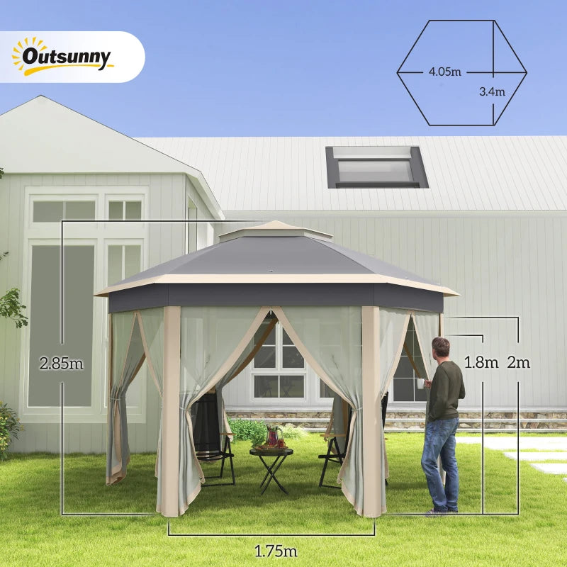 Hexagon Outdoor Patio Gazebo with Netting, Khaki, 3x4m