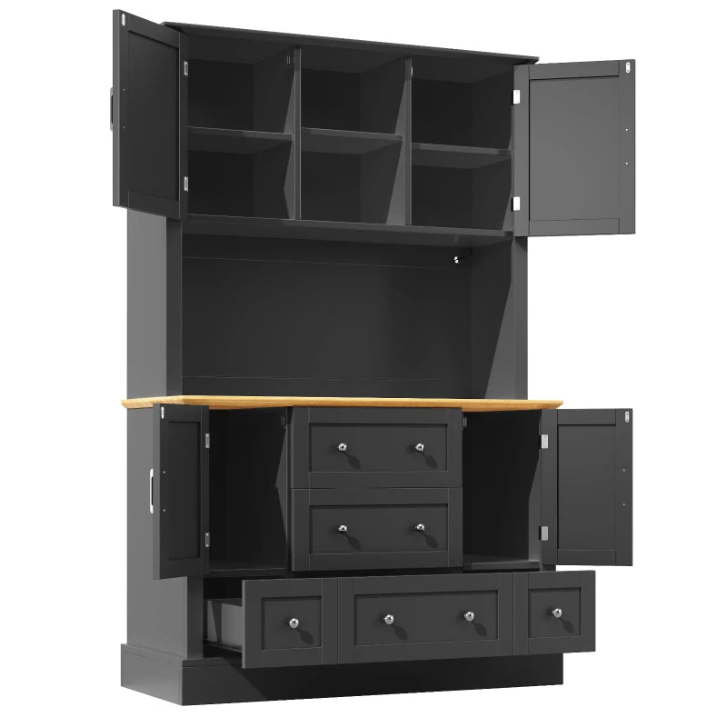 Tall Kitchen Cabinet with Open Shelf & 5 Drawers - Large Storage Cupboard for Dining Room, 115x40x180 cm, Black