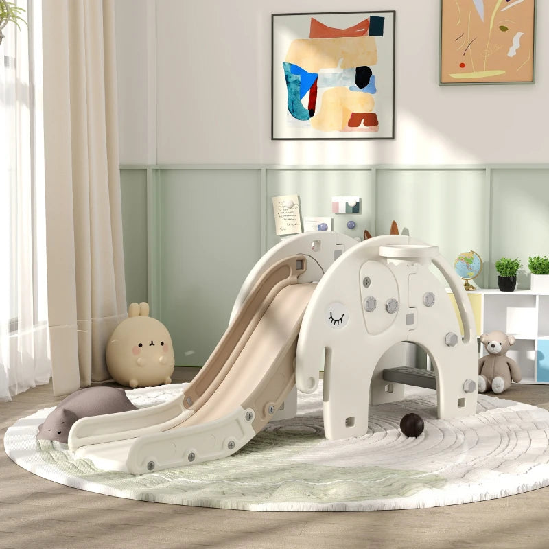 3 in 1 Toddler Slide with Basketball Hoop and Climber for Ages 1-3 Elephant Theme Cream White