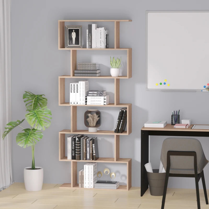 Unique 6-Tier S-Shaped Bookcase - Stylish Storage & Display Shelf for Living Room, Bedroom, Home Office, Plants - Maple Finish