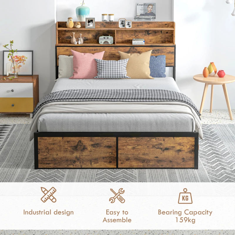 Industrial Style Double Bed Frame with Storage Headboard and Slatted Support 141x207cm Rustic Brown