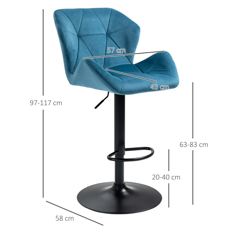 Luxurious Velvet Bar Stools Set of 2 - Adjustable Height Swivel with Metal Frame, Round Base, Blue Triangle Design