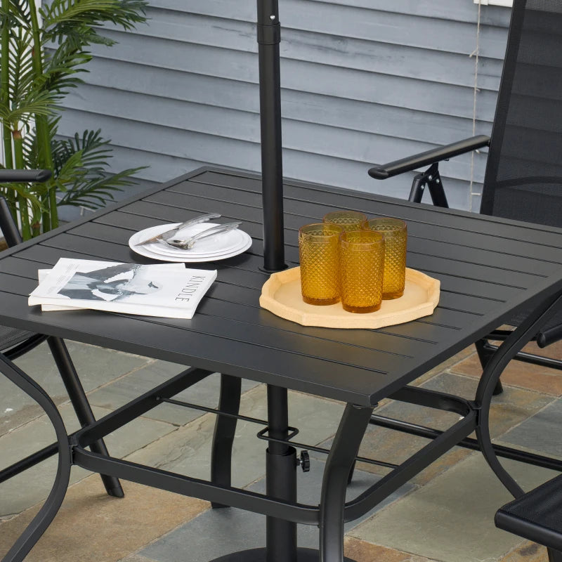 Black Metal Outdoor Dining Table for Four with Parasol Hole, 94 x 94 cm