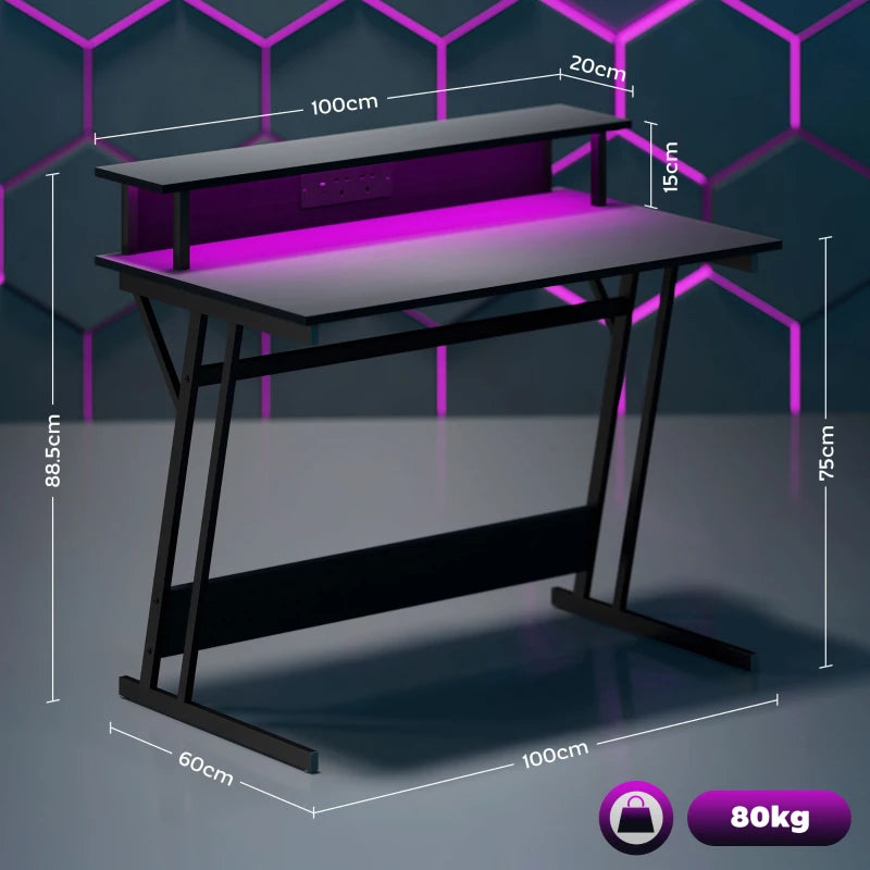 Two-Level LED Gaming Desk - Black | Modern Ergonomic Design with RGB Lighting for Ultimate Gaming Experience
