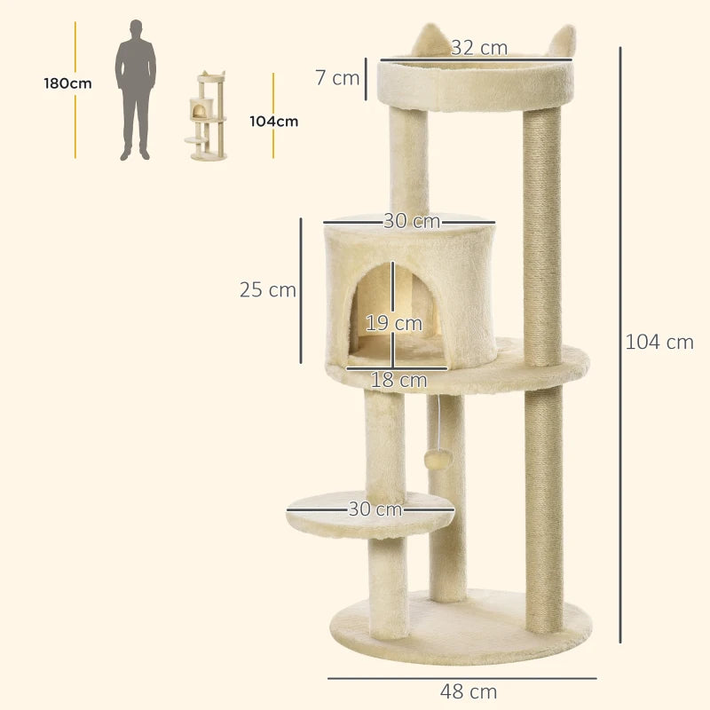 104 cm Cat Tree Condo Tower - Plush Perch, Scratching Posts & Hanging Ball - Cream White Activity Centre for Cats