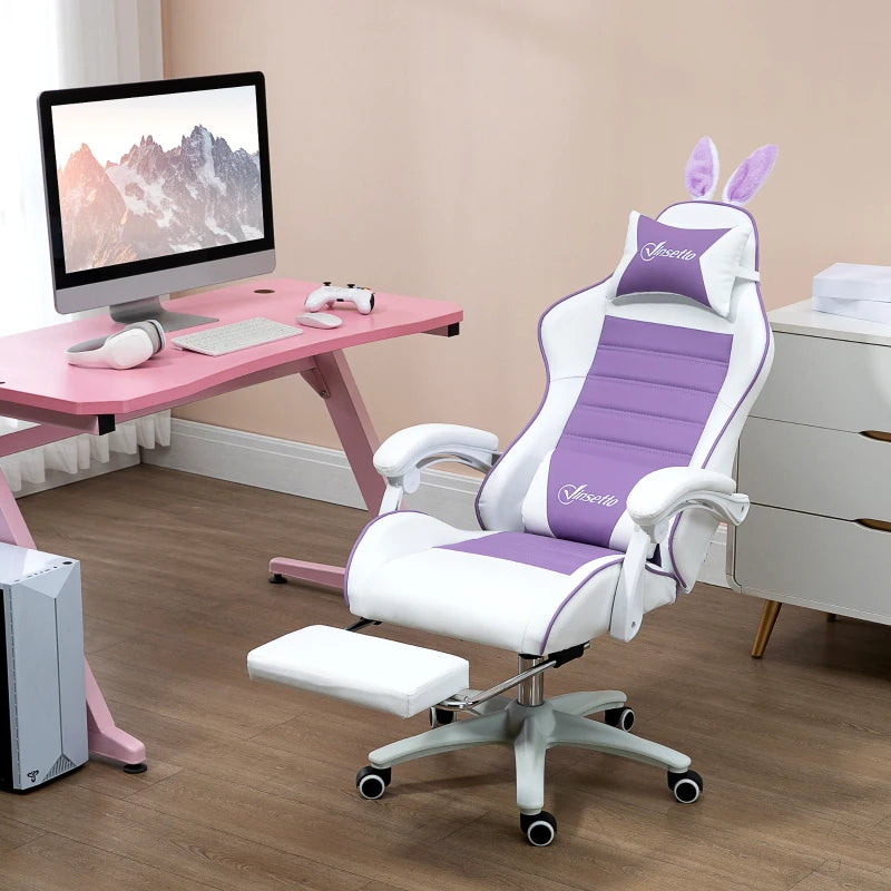 Vinsetto Purple Racing Gaming Chair - Reclining PU Leather with Removable Rabbit Ears, Footrest, Headrest & Lumbar Support