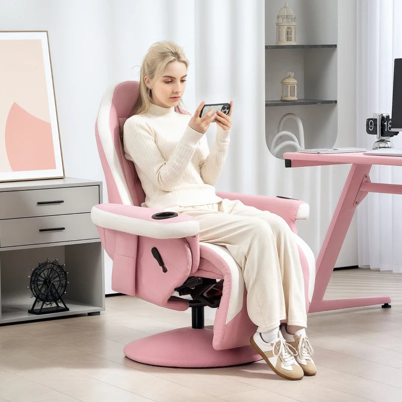 Pink PU Leather Manual Recliner Armchair with Adjustable Leg Rest, 135° Recline and 360° Swivel