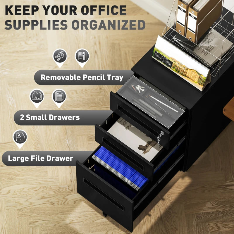 Vinsetto Black Three-Drawer Steel Filing Cabinet - Durable Office Storage Solution for Organizing Documents and Files