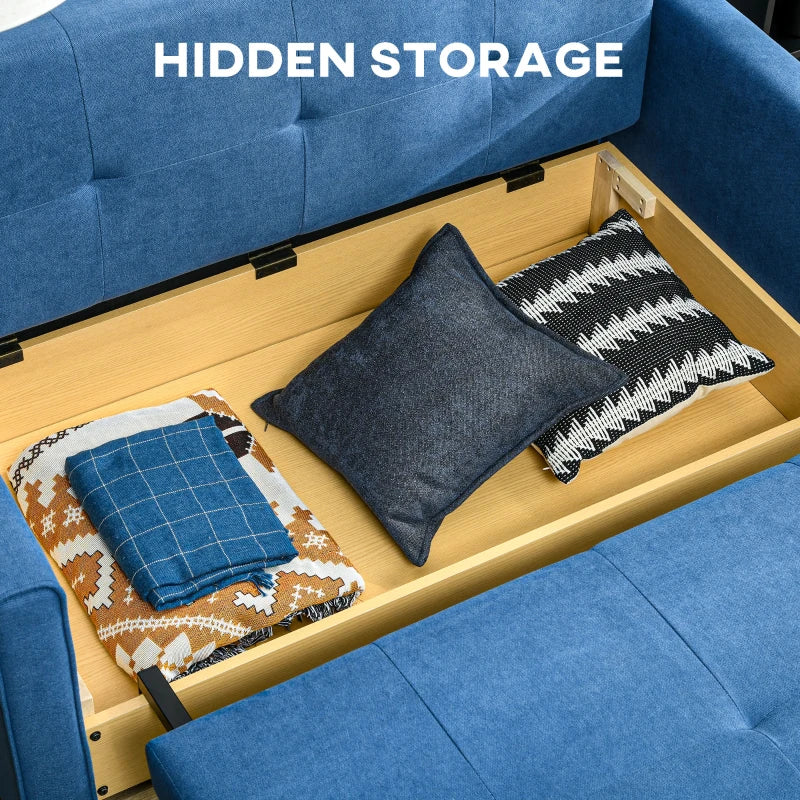 Modern 2 Seater Sofa Bed with Hidden Storage, Convertible Loveseat Couch in Deep Blue for Living Room