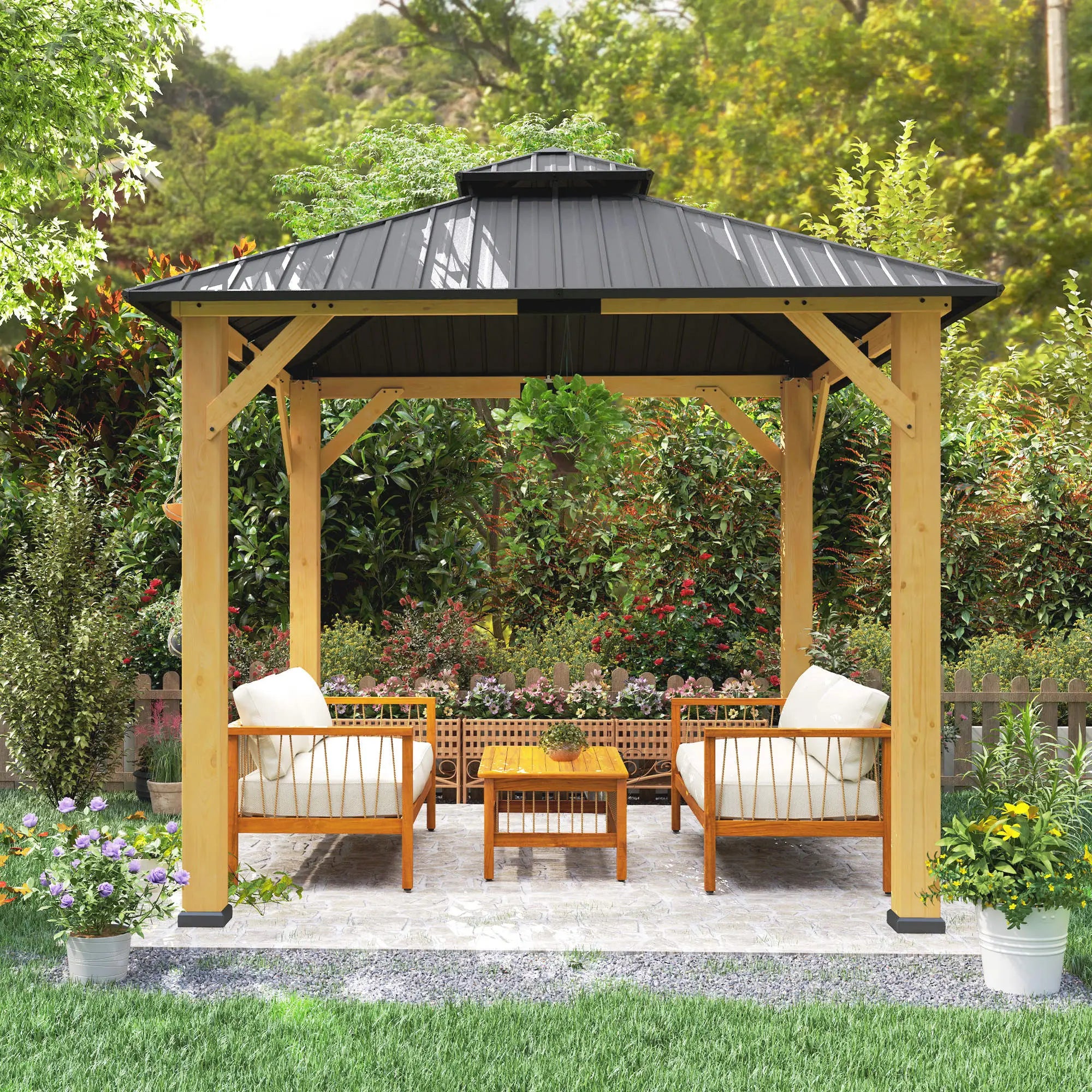 Grey 3m x 3m Hardtop Gazebo Canopy with 2-Tier Roof and Solid Wood Frame