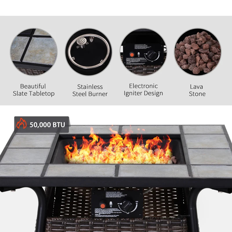 Square Slate Top Gas Fire Pit Table with Control Panel and Lava Rocks, Grey