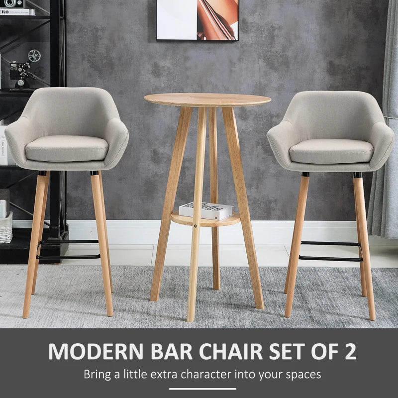 Set of 2 Modern Upholstered Bar Stools with Metal Frame & Solid Wood Legs - Beige Fabric Dining Chairs