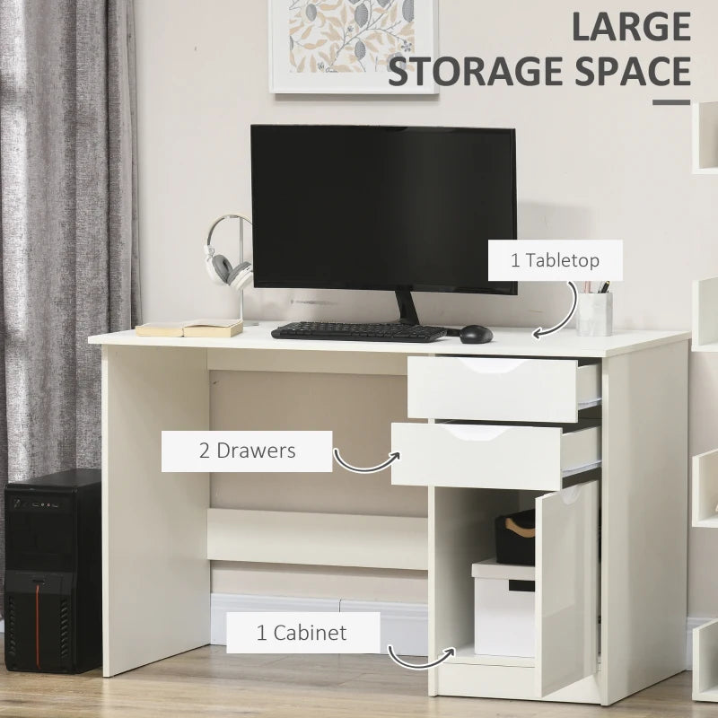 High Gloss White Computer Desk with Drawers & Storage Cabinet - Stylish 120x60cm Home Office Study Workstation