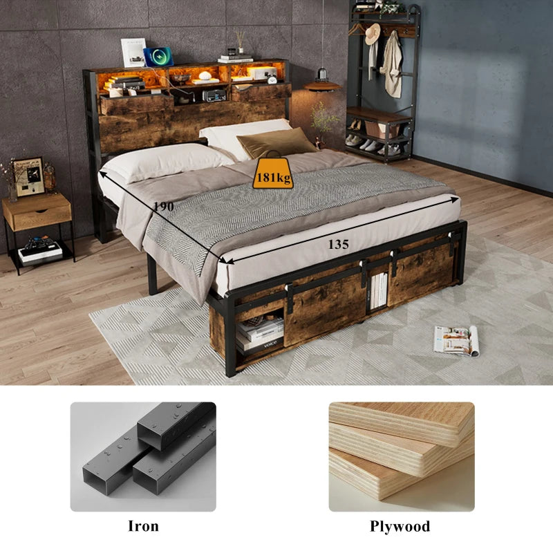 Metal Double Bed with LED Lights & Charging Ports, Storage Base, 209x137.5x114.5 cm, Black & Natural Finish