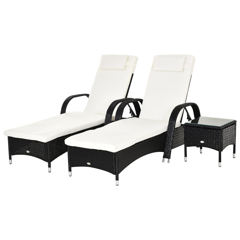 Black Rattan 2-Seater Sun Lounger Set with Side Table