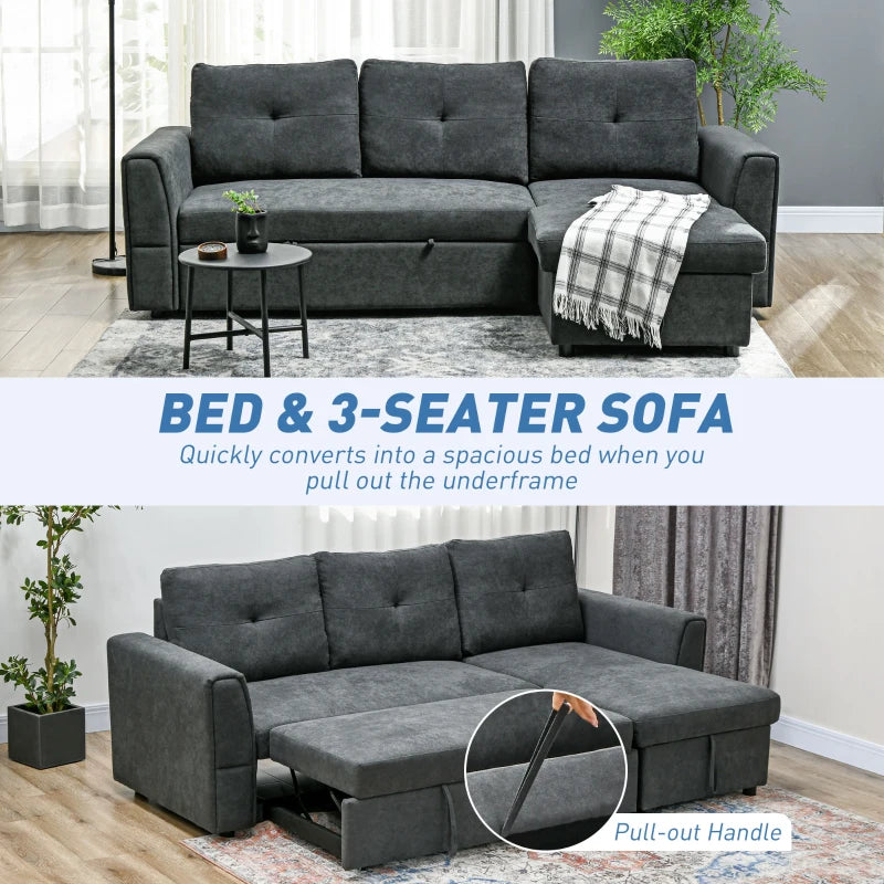 L-Shaped 3-Seater Sofa Bed with Storage – Convertible Click Clack Futon for Living Room, Dark Grey