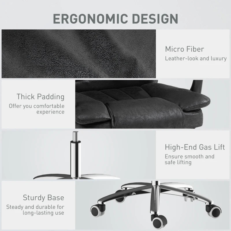 Vinsetto Microfibre Home Office Chair - Reclining Desk Chair with Armrests, Swivel Wheels & Footrest - Black