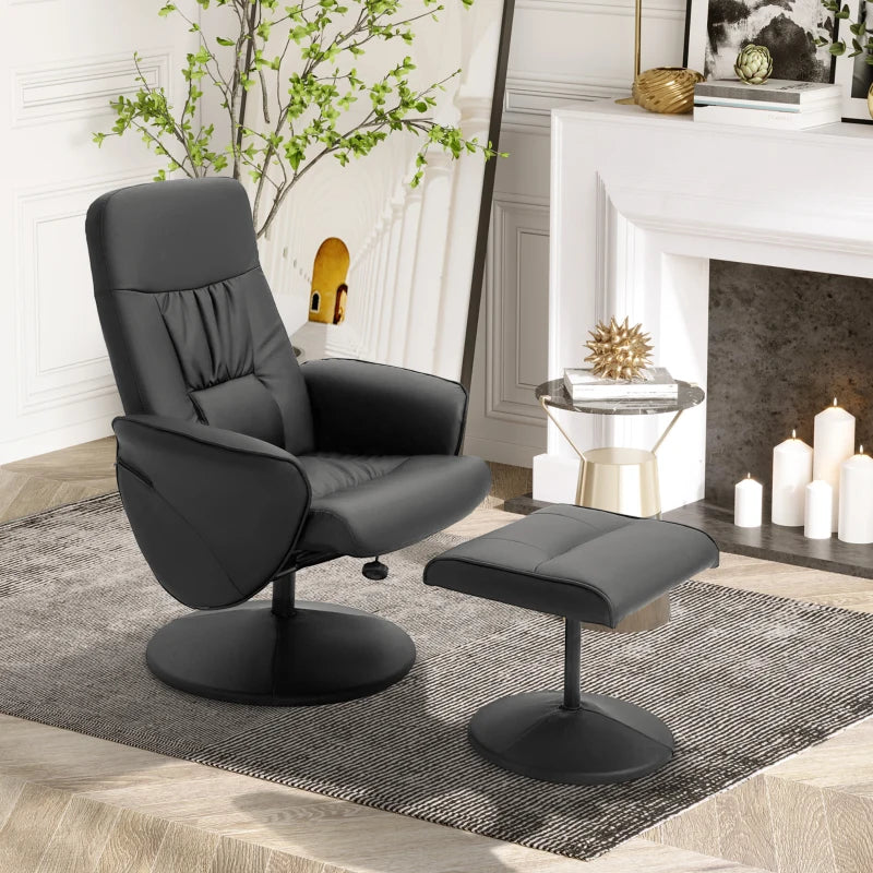 Stylish Swivel Recliner Chair with Footstool in Black PU Leather for Living Room Comfort